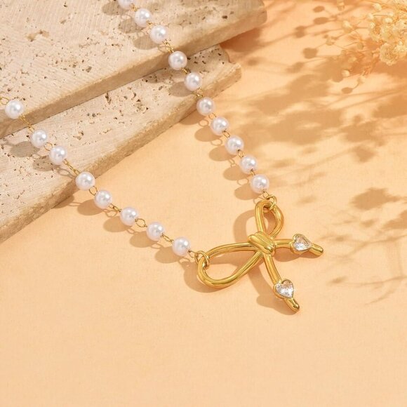 🆕 Women Gold Bow Pearl Choker Necklace Dainty Fruit Charms Cherry Cuban Jewelry - Picture 5 of 7